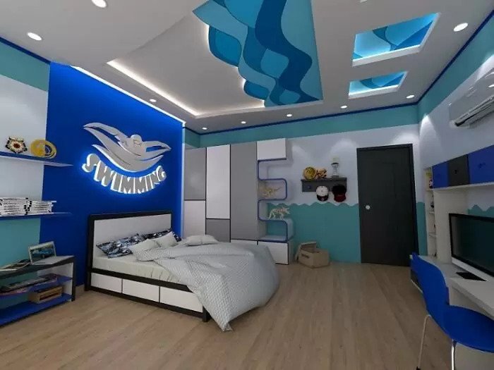 trần thạch cao phòng ngủ cho trẻ em với chủ đề bơi lội