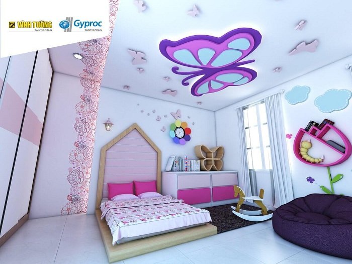 trần thạch cao phòng ngủ cho trẻ em với bướm xinh