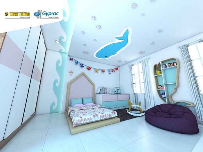 trần thạch cao phòng ngủ cho trẻ em cá voi xanh