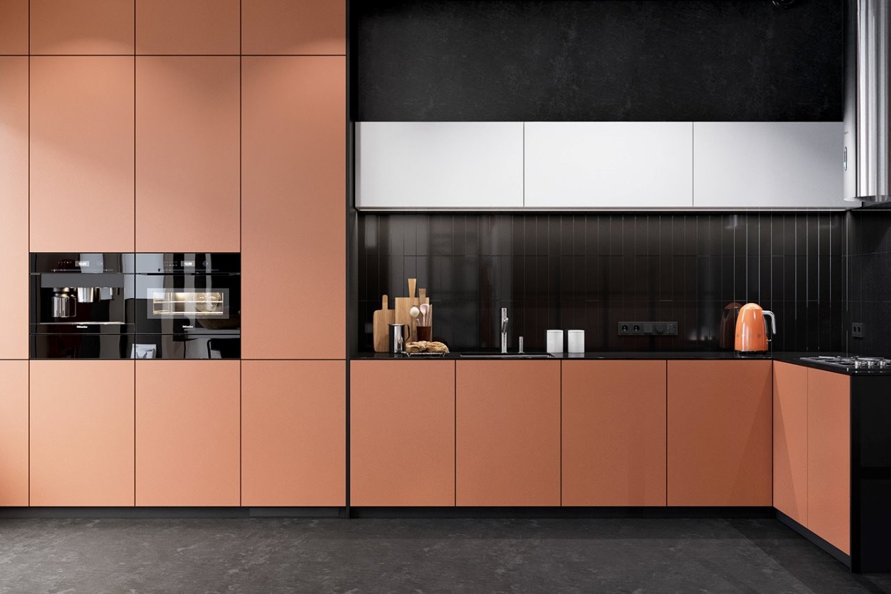 Tủ bếp tông cam đen năng động cho căn hộ studio trẻ trung
