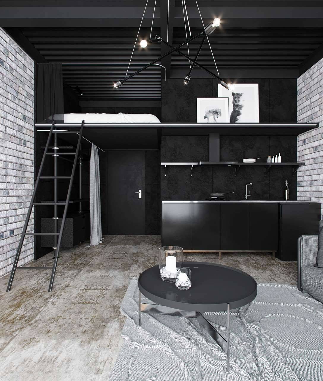 Ý tưởng thiết kế căn hộ studioo nhỏ màu đen cá tính
