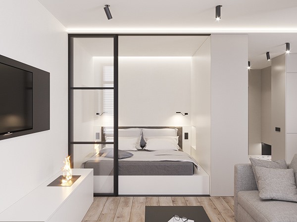 Thiết kế phòng ngủ nhỏ gọn với cửa kính trượt tiết kiệm diện tích