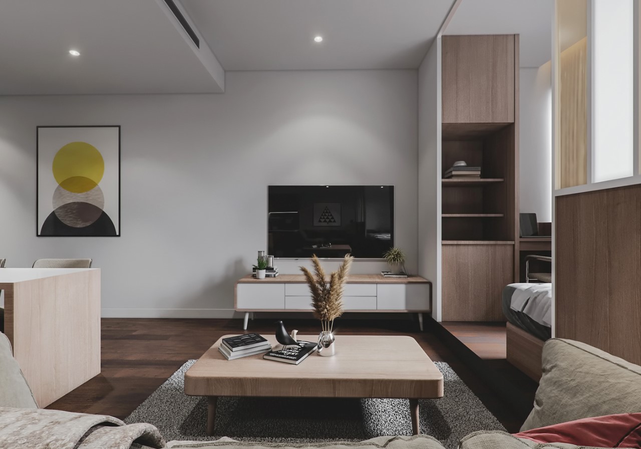 Đồ nội thất trrong căn hộ được làm hoàn toàn từ gỗ công nghiệp hiện đại