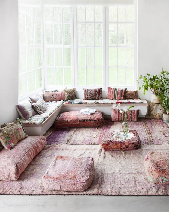 Low-seating is to set floor pillows, leather poufs, bean bag chairs and soft ottomans