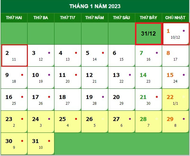 Lịch nghỉ Tết Dương lịch 2023 của cán bộ công chức là 3 ngày (Nguồn: Internet)