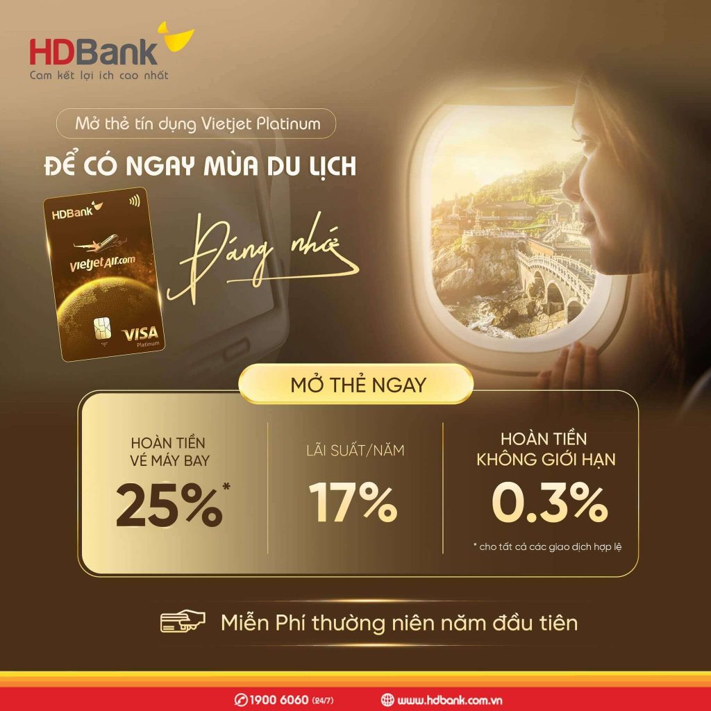 Thẻ tín dụng HDBank Vietjet Platinum mở online 100%