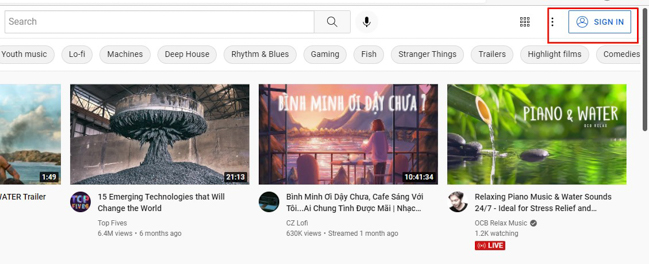 truy cập Youtube và chọn mục Sign in