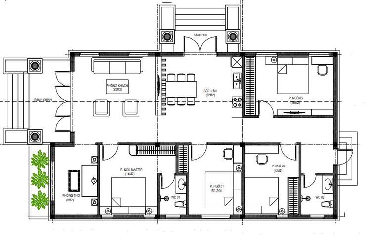 Bản thiết kế nhà cấp 4 có 4 phòng ngủ và 1 phòng khách