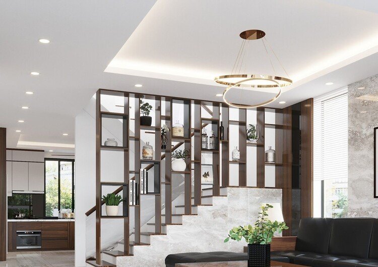 vách ngăn phòng khách và cầu thang bằng gỗ tự nhiên