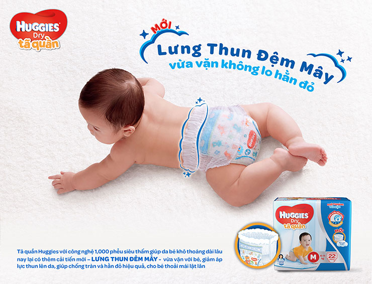 Bỉm quần Huggies với những ưu điểm vượt trội sẽ giúp da bé khô thoáng dài lâu