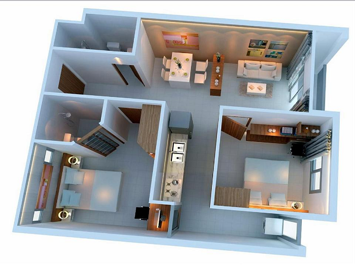 Mẫu thiết kế nội thất chung cư 50m2 2 phòng ngủ