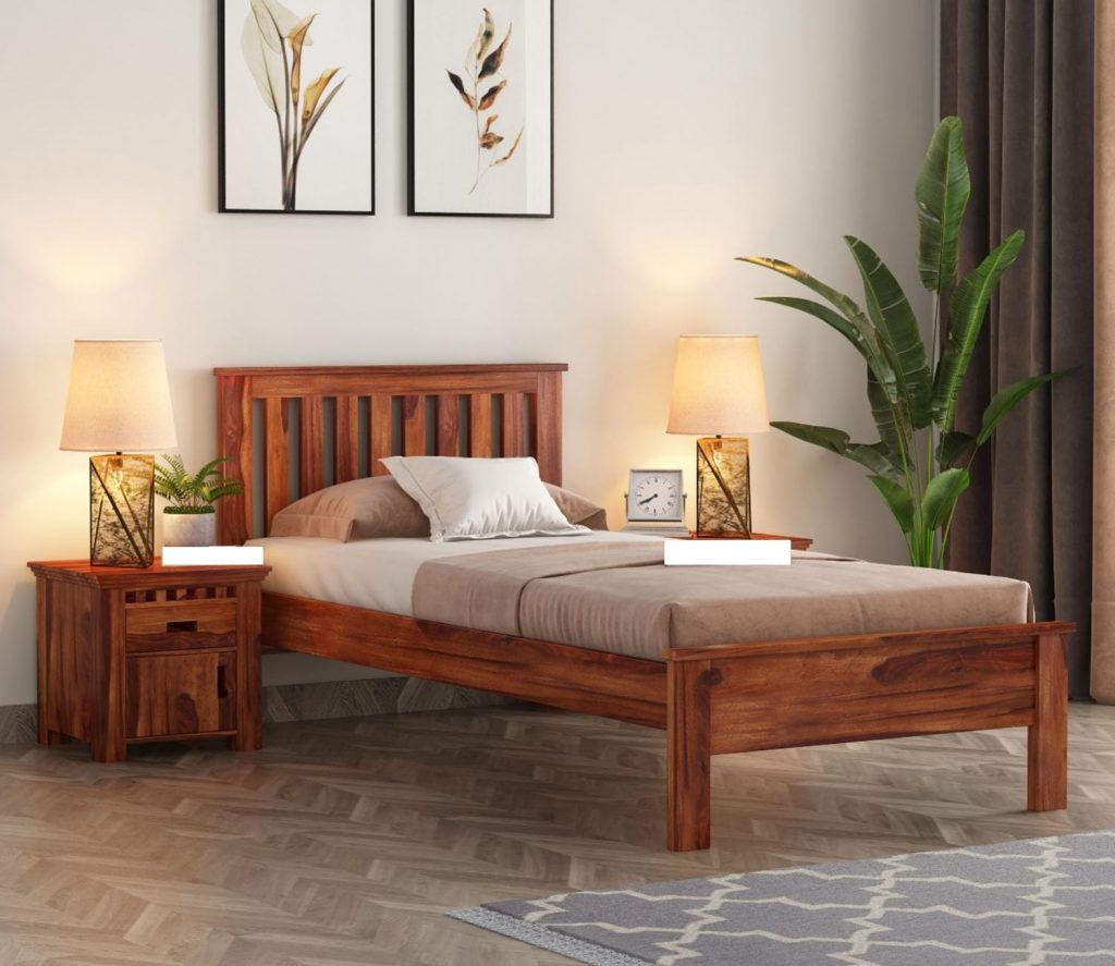 mẫu giường ngủ 1 người bằng gỗ tự nhiên màu nâu cam
