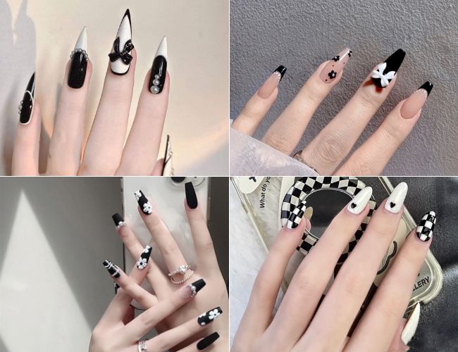 Mẫu nail đen trắng dễ thương với nhiều họa tiết (Nguồn: Internet)