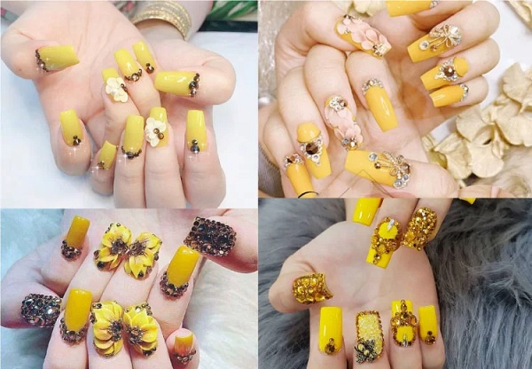 Các kiểu nail với tone nền màu vàng và họa tiết đính đá tinh tế (Nguồn: Internet)

