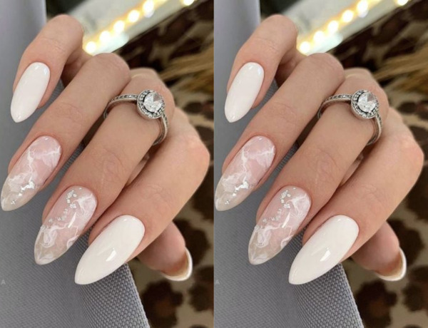 Nail màu trắng kết hợp với nail màu nude có họa tiết vân đá ấn tượng (Nguồn: Internet)
