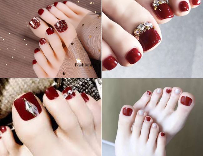 Bạn có thể kết hợp đính đá cho mẫu nail chân đỏ rượu vang thêm phần sang trọng (Nguồn: Internet)