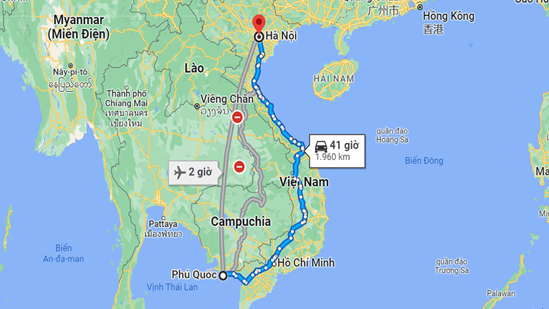 Khoảng cách từ Hà Nội đến Phú Quốc là 1960km