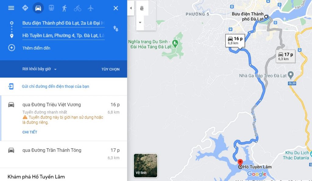 Bạn có thể sử dụng Google Map để tra đường đi đến hồ Tuyền Lâm Đà Lạt