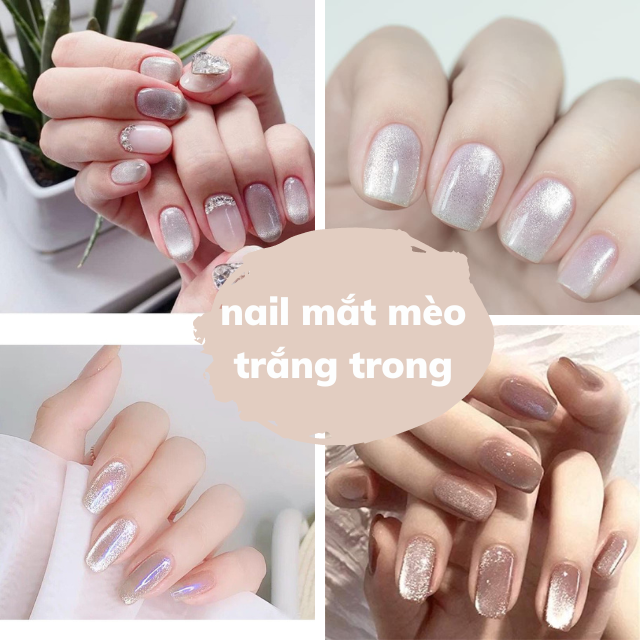 Mẫu nail mắt mèo màu trắng trong dịu dàng 