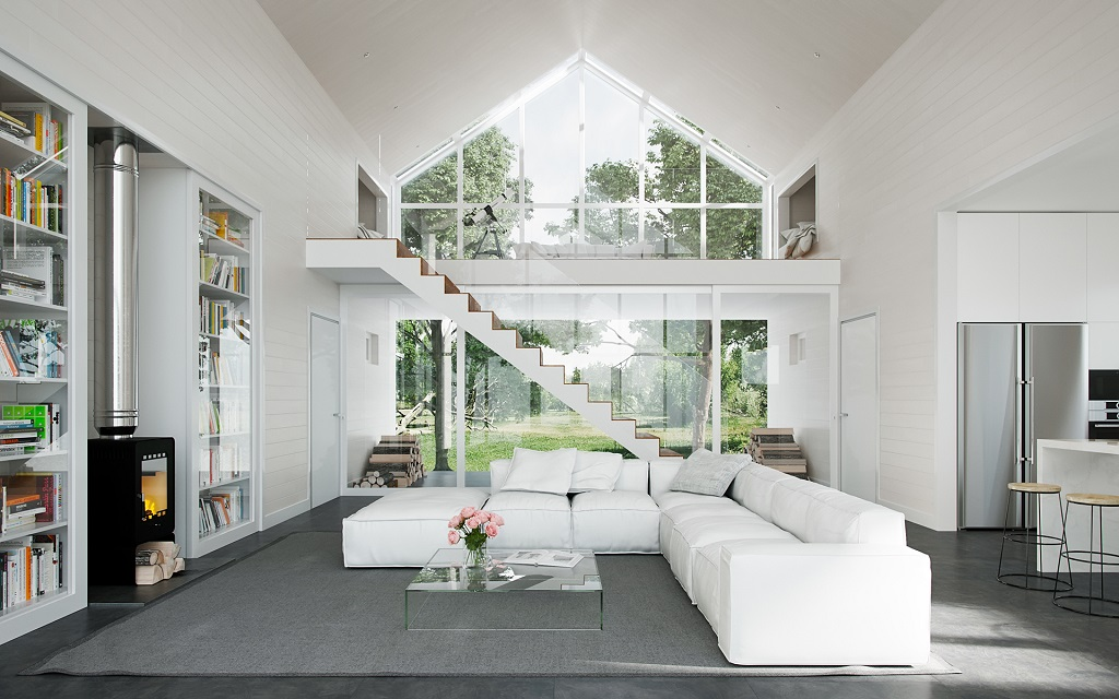 Nhà gác lửng phong cách hiện đại với bộ sofa trắng làm điểm nhấn
