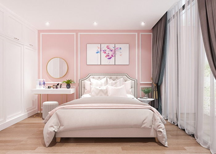 Kết hợp màu hồng pastel và màu trắng là gợi ý không tồi khi chọn màu sơn nhà đẹp cho phòng ngủ