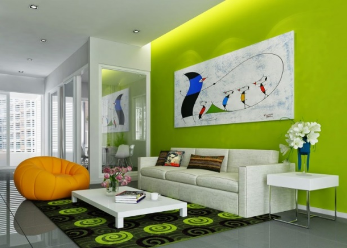 Sử dụng các chi tiết nội thất trang trí có tone màu tương phản trên nền sơn màu xanh lá