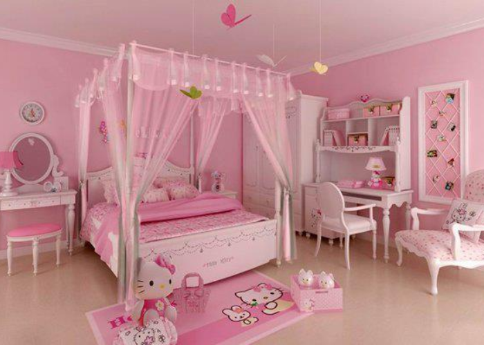 Trang trí phòng ngủ bé gái bằng thảm trải sàn có họa tiết Hello Kitty dễ thương