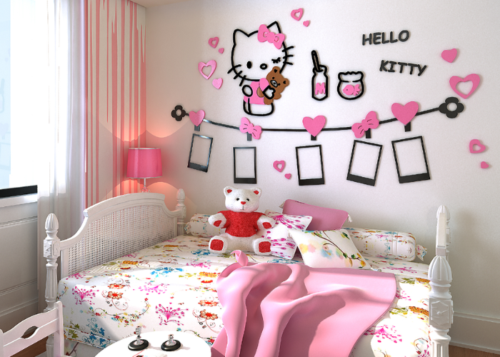 Sử dụng decal dán tường hình Hello Kitty xinh xắn, đáng yêu để decor tường phòng ngủ