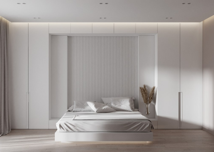 Sự kết hợp giữa sàn gỗ tối màu và nội thất trắng sẽ làm tăng tính tương phản, tạo thêm điểm nhấn không chỉ cho phòng ngủ nam.  