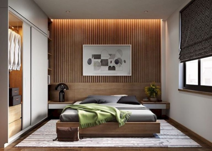 Mẫu 7: Phòng ngủ đẹp cho nam với nội thất sử dụng tủ âm tường để tiết kiệm diện tích cũng như tăng tính thẩm mỹ cho căn phòng.