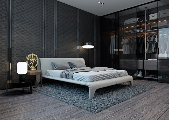 Mẫu 3: Phòng ngủ đẹp cho nam hiện đại với gam màu xám trắng sang trọng. Thiết kế tủ đồ trong suốt và tường lạ mắt. 