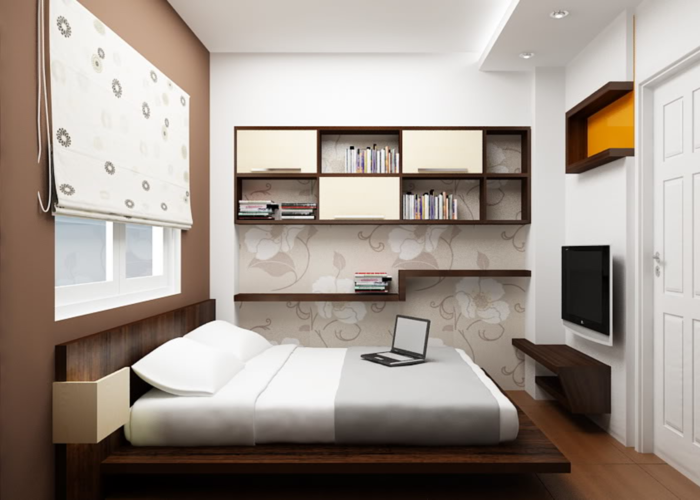 Phòng ngủ đơn giản với giường và giá sách làm bằng gỗ MDF phủ Laminate.