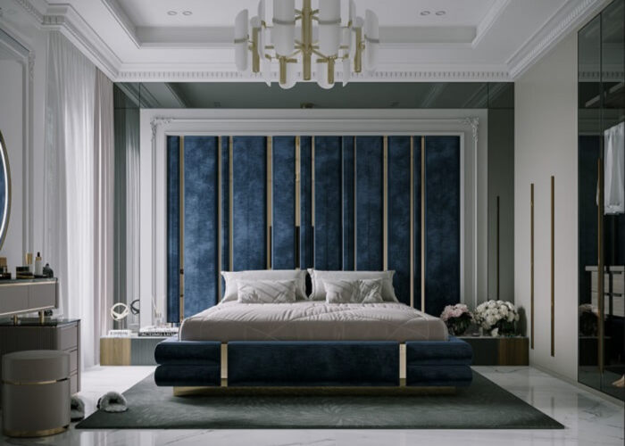 Thiết kế phòng ngủ theo phong cách tân cổ điển với gam màu xanh navy (Nguồn: Internet)