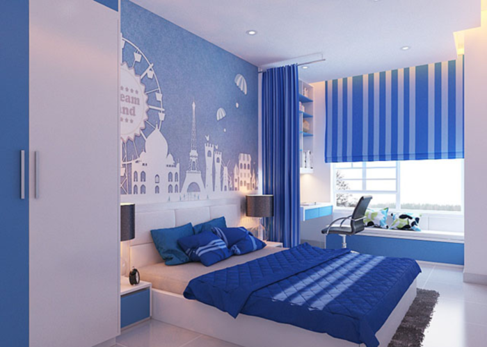 Phòng ngủ với giấy dán tường màu xanh dương với thiết kế năng động (Nguồn: Internet)
