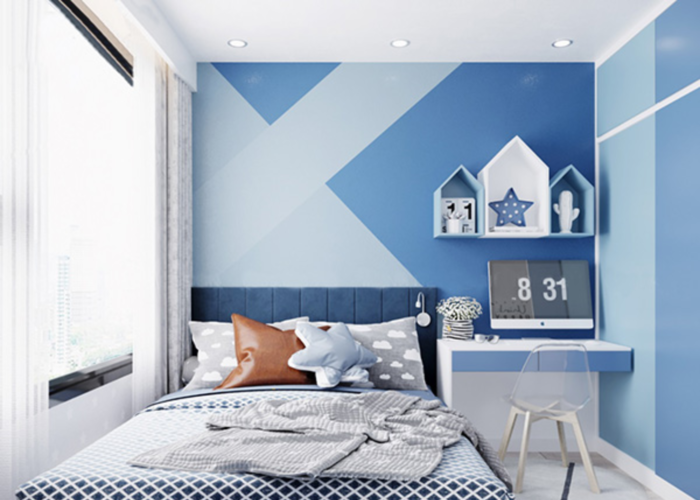 Mẫu phòng ngủ được trang trí giấy dán tường gam màu xanh dương (Nguồn: Internet)