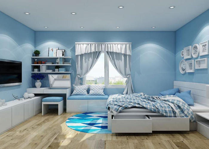 Phòng ngủ màu xanh dương phối cùng các sản phẩm nội thất trắng tạo sự tương phản đẹp mắt (Nguồn: Internet)
