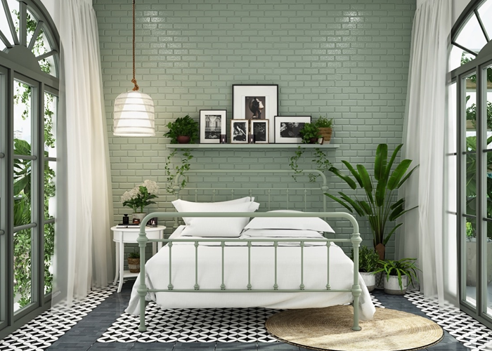  Mẫu 3: Mẫu không gian phòng ngủ xanh lá sử dụng xốp dán tường giả gạch với gam màu xanh pastel cực kỳ bắt mắt. Ở hai bên là hệ thống cửa kính đem tới lượng ánh sáng lớn cho căn phòng. 