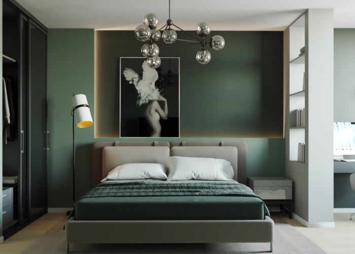 Mẫu 2: Trang trí phòng ngủ màu xanh lá cây sẫm với một chiếc giường màu xám và đèn led âm tường hiện đại. 