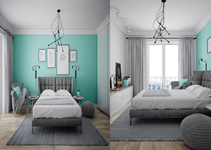 Mẫu 1: Nội thất màu xám và trắng được sử dụng để tăng chủ đề tươi sáng và nhẹ nhàng cho không gian phòng ngủ màu xanh ngọc bích.  