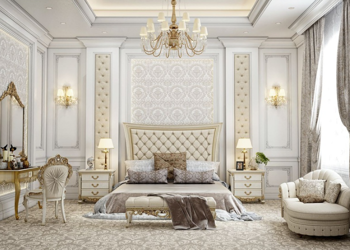 Phòng ngủ tân cổ điển màu trắng mang đến cảm giác nhẹ nhàng, tinh khôi.