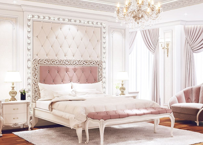 Phòng ngủ tân cổ điển màu hồng làm cho không gian căn phòng trở nên đáng yêu hơn.