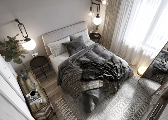 Màu xám trắng là tông màu thường xuyên được ưa chuộng trong thiết kế phòng ngủ hiện đại.