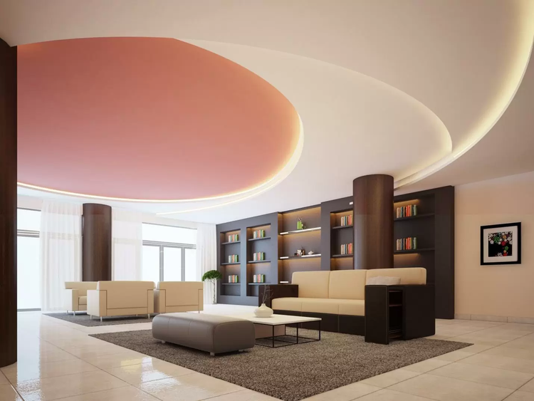 Mẫu trần thạch cao kiểu dáng hình tròn cho không gian phòng khách lớn (Nguồn: Internet)