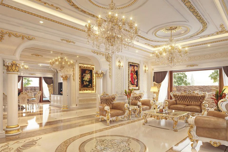 Mẫu trần thạch cao với nội thất tân cổ điển phong cách hoàng gia cho phòng khách đẳng cấp (Nguồn: Internet)