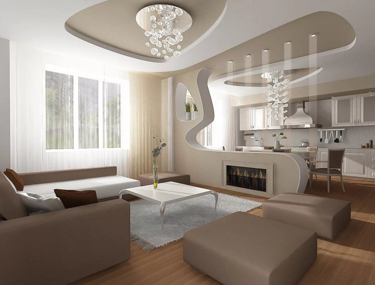 Mẫu trần thạch cao với họa tiết tinh tế kết hợp chiếc đèn độc đáo tạo không gian hiện đại cho phòng khách (Nguồn: Internet)