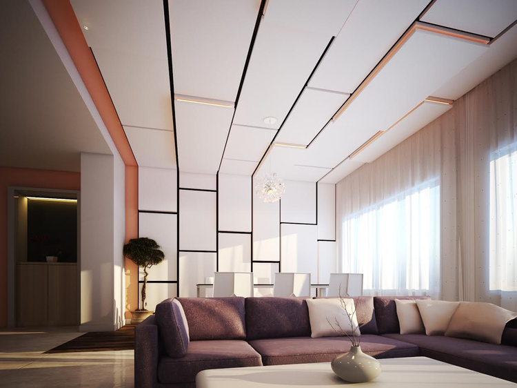 Mẫu trần thạch phòng khách kết hợp trần tường (Nguồn: Internet)