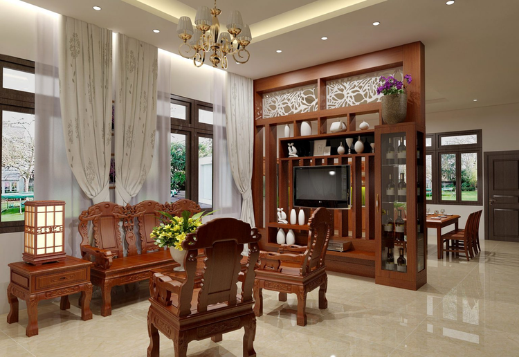 Mẫu vách ngăn kết hợp tủ gỗ truyền thống thường gặp trong các hộ gia đình có kiến trúc thuần Việt.
