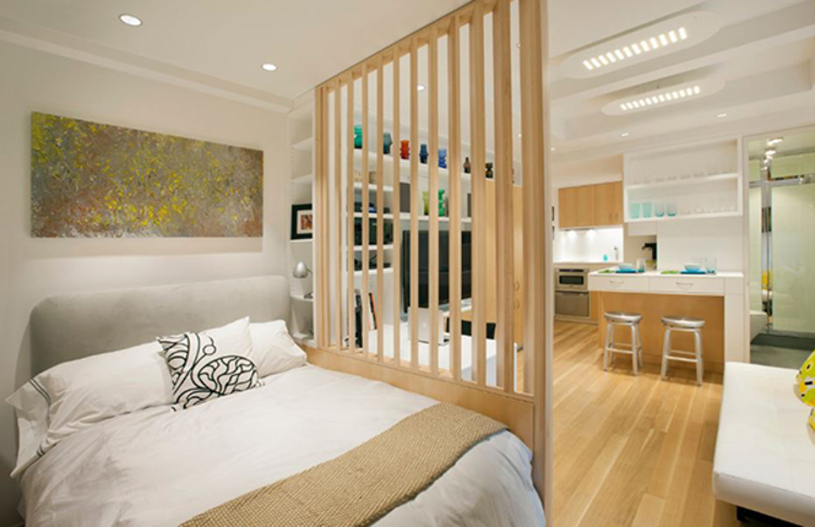 Vách ngăn phòng khách với phòng ngủ bằng gỗ