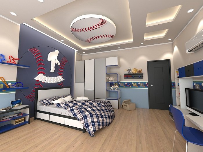 Trần thạch cao phòng ngủ bé trai bóng chày đẹp