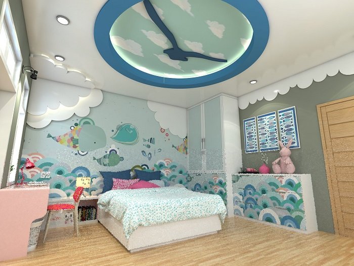 Trần thạch cao phòng ngủ trẻ em hình đồng hồ
